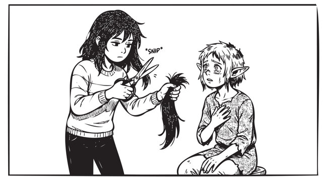 Anime hair cutting scene, girl cutting hair with scissors, boy terrified reaction, black and white line art, manga style illustration, comic book sketch, emotional interaction, doodle vector