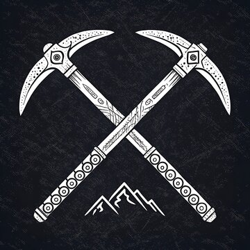 Crossed mining picks with mountain illustration in black and white
