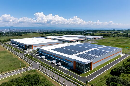 太陽光発電を備えた広大な物流倉庫群施設を晴れた日にドローン空撮