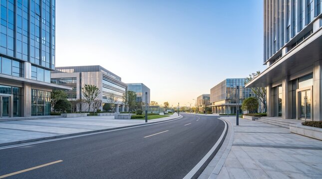Modern glass office buildings line an empty asphalt road under a clear blue sky