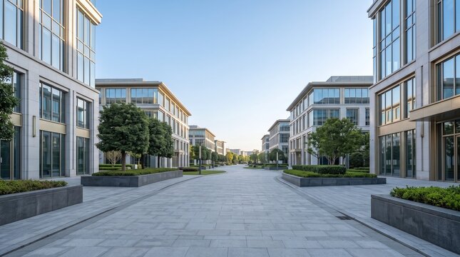 Modern office buildings with glass facades line a pedestrian walkway bordered by manicured greenery
