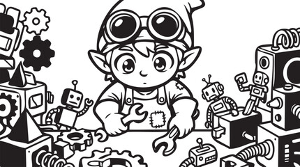 Fototapeta premium Cute cartoon mechanic elf with robot toys, gears, and wrench. Black and white engineering and invention scene. Fun child character illustration.