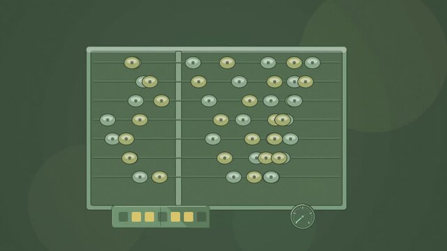 Abstract animated abacus beads sliding along rods drawn as green and teal lines and shapes on a deep dark background. Seamless looping 4K motion graphics video with free space for text, ideal for titl