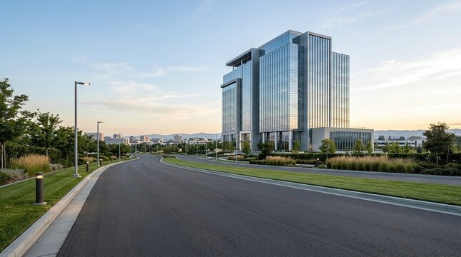 Modern glass office building facade with a paved road and manicured landscaping under a clear sky