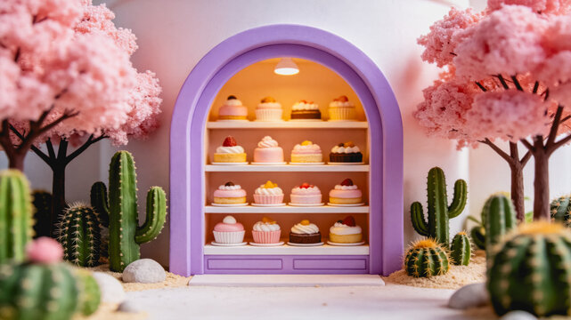 A tiny, whimsical miniature pastry shop display with decorated cakes, surrounded by cherry blossom trees and cacti in a pastel setting.