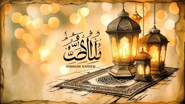 Vintage sketch of traditional Islamic prayer rug with glowing brass lanterns and Arabic calligraphy on parchment