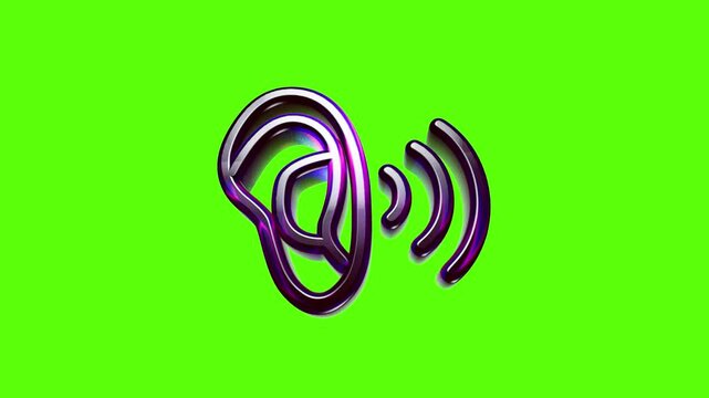 Shiny metallic human ear icon with sound waves symbol for audio hearing and listening concepts design