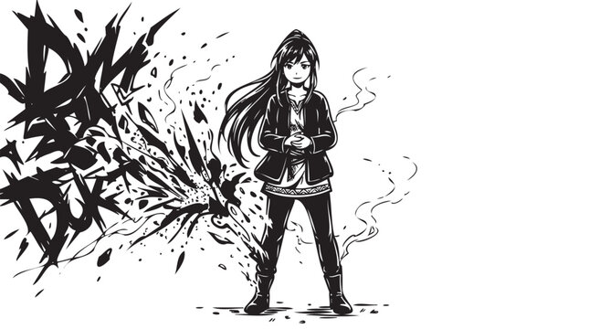 Angry anime girl screaming with smoke. Manga style illustration. Black and white vector art. Japanese comic character with shouting emotive face and dynamic splatter effects