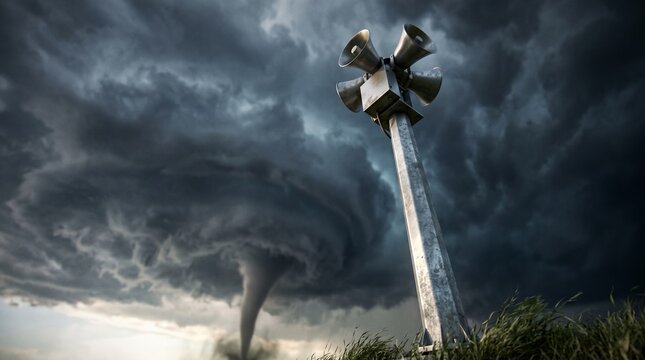 Outdoor warning siren pole towering against dark tornado funnel cloud and stormy sky, symbolizing severe weather alert and disaster warning