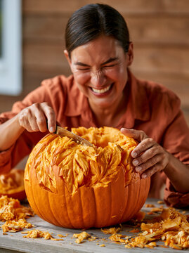 Smiling woman in orange shirt carving pumpkin at table with pieces and seeds