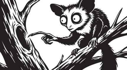 Fototapeta premium Cute cartoon fox squirrel climbing tree branch. Black and white vector illustration of cute forest rodent animal. Sketch style design for children's books, nature education, and zoo themes