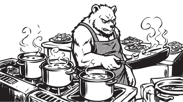 bear chef cooking concept, professional chef in kitchen, cartoon bear anthropomorphic animal, sepia ink drawing illustration style, culinary character design