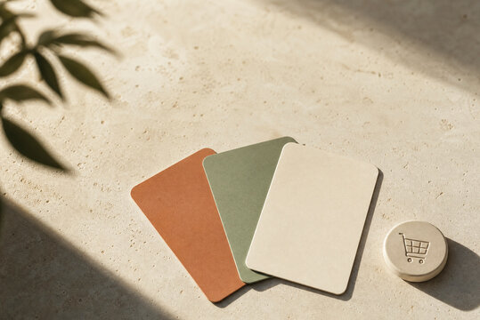 Minimalist paper business cards on stone background, earth tone stationery mockup, blank branding cards with shopping cart icon