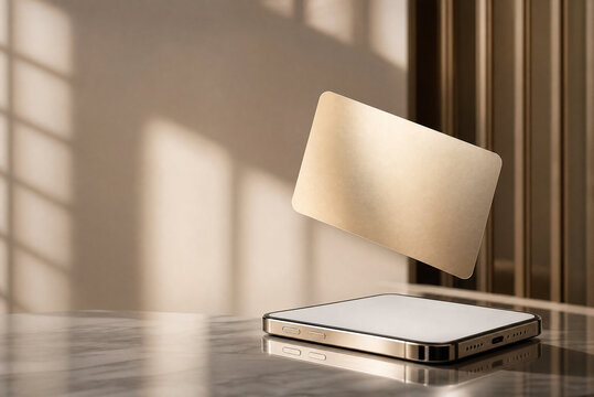 Minimalist gold credit card mockup, floating luxury payment card on marble table, elegant financial branding scene with soft shadows