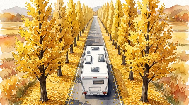 Watercolor top-down perspective of a campervan driving on a long straight road lined with golden autumn trees