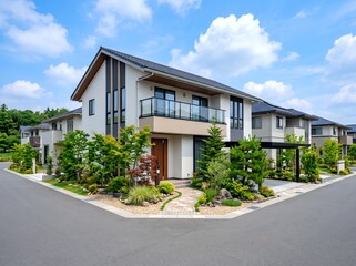 新築一戸建て住宅のモダンな外観青空広がる分譲地
