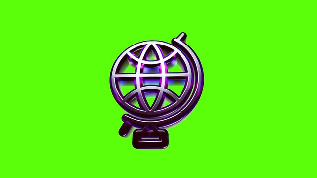 Shiny metallic globe icon with a cool glitch effect isolated on a bright vibrant green background