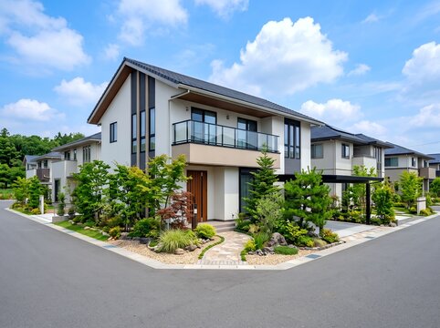 新築一戸建て住宅のモダンな外観青空広がる分譲地