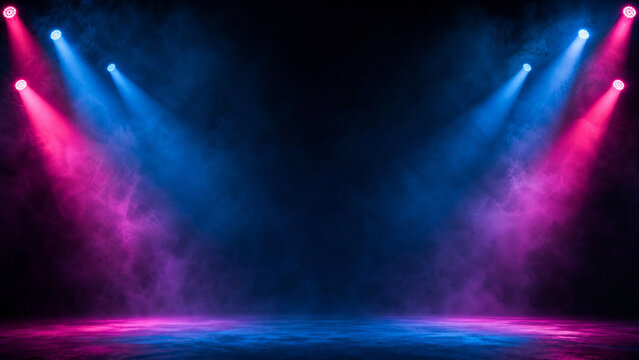 Vibrant stage spotlights with blue and pink beams, dramatic theater lighting with smoke effect, neon concert background for performances