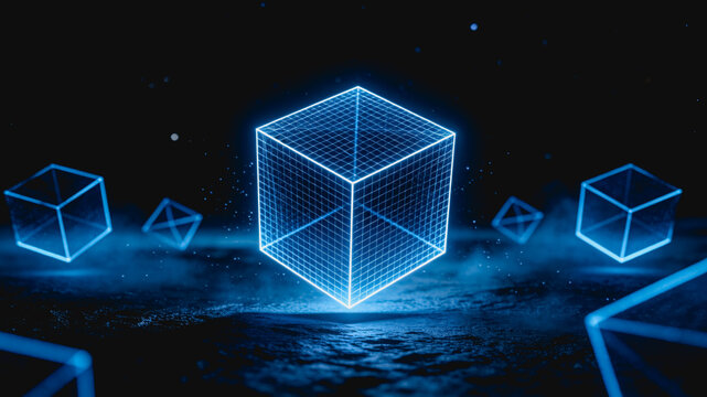 A central glowing wireframe cube floats in dark digital space, surrounded by smaller similar cubes, representing futuristic digital concepts.