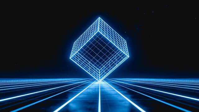 A glowing blue wireframe cube floats in a dark digital space, with perspective light lines extending from its base.