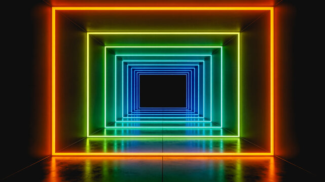 A minimalist 3D-rendered space with concentric neon frames showing a smooth color gradient from orange to deep blue, creating a perspective tunnel effect.
