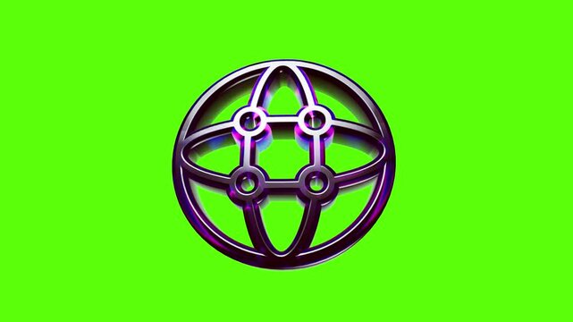 Shiny metallic globe icon with round nodes and interconnected lines on a vibrant green digital screen