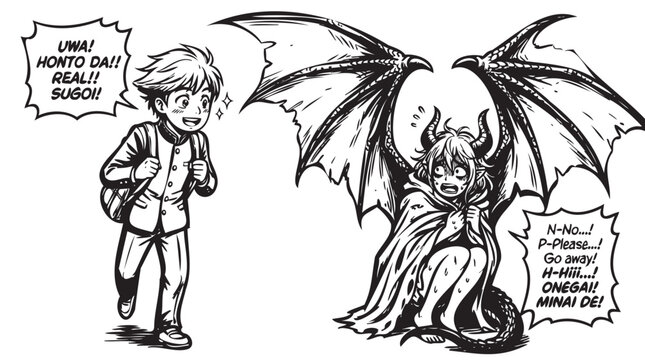 Cute kawaii anime manga vector illustration of a scared schoolboy running away in panic and a shy devil girl monster hiding. Black and white drawing, character sheet, doodle.