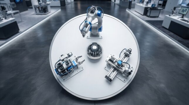 Three robotic arms and a central sensor displayed on a round rotating platform for industrial automation and manufacturing technology
