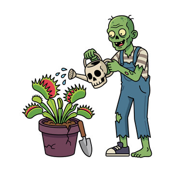 Zombie gardener watering a carnivorous venus flytrap plant