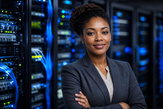 Professional Black female IT engineer in data center, confident woman system administrator among server racks, corporate network security expert