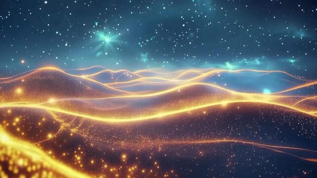 Abstract golden light waves beneath a blue star-filled cosmic sky