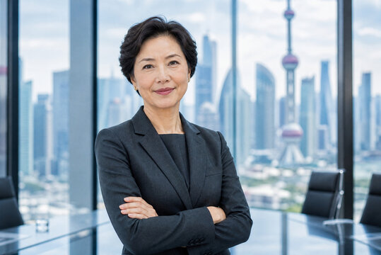 Confident Asian business woman in black suit, professional female executive in modern office, successful corporate leader with city skyline background