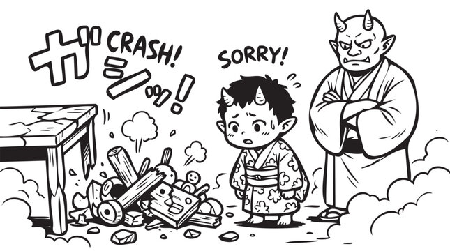 Naughty Tengu Child Apologizing for Crash, Japanese Fantasy Demon Boy Apologizes, Broken Toys and Table, Black and White Manga Cartoon Illustration