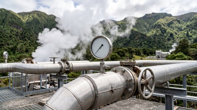 Close up of industrial pressure gauge and valves on geothermal steam pipe, highlighting renewable energy control and monitoring