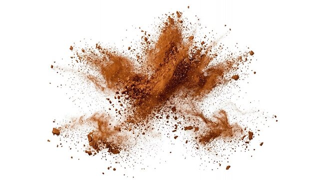 Abstract Brown Powder Burst with Particles and Dust Clouds Isolated on White for Creative Graphic Design Elements.