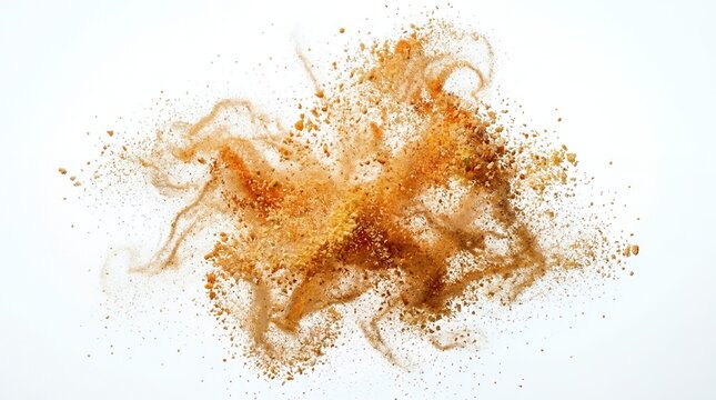 Dynamic Explosion of Orange Spice Powder and Fine Particles Bursting Against a Clean White Background for Design