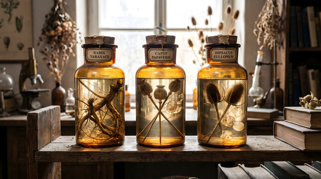 Vintage amber glass specimen jars preserving botanical roots, poppy heads, and teasel in liquid on wooden shelf in antique laboratory
