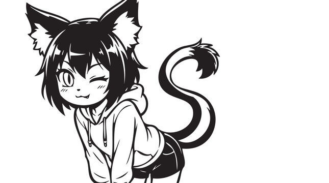 Cute anime cat girl, Kemonomimi character illustration, winking vector art, black and white outline, kawaii fashion, fashion hoodie, japanese comic style, furry kemono
