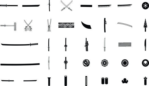 Japanese samurai sword and katana elements vector silhouette set