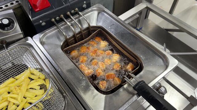 Deep-frying pork belly chicharrones and french fries in commercial kitchen