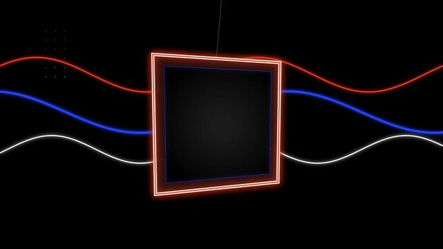 Neon square frame with glowing red blue and white wave lines. Futuristic geometric border on black background. Retro synthwave motion graphic.
