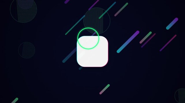Abstract geometric motion background, white rounded square icon on dark space, colorful neon light streaks and floating circles