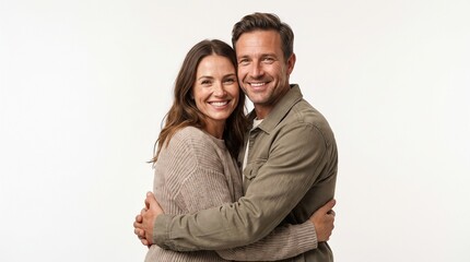Fototapeta premium Couple shares a warm embrace, smiling widely against a neutral background that enhances their joyful connection and relationship.