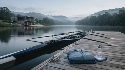 Naklejka premium A sleek professional rowing boat parked at a wooden dock on a calm misty lake during a peaceful early morning sunrise