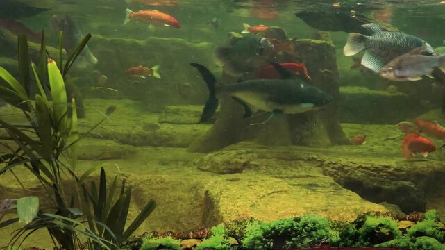 Pygmy hippo Moo Grob swimming gracefully underwater in a giant glass tank with colorful carp fish