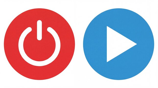 Red power button and blue play symbol icons rendered as flat digital shapes on white background