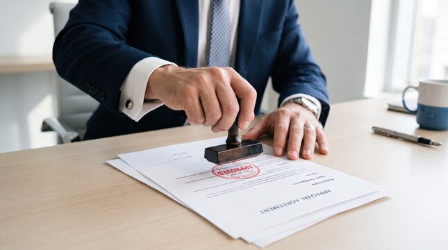 Businessman hand stamping red approved seal on legal contract agreement document representing authorization, validation, and official signature process in corporate administration