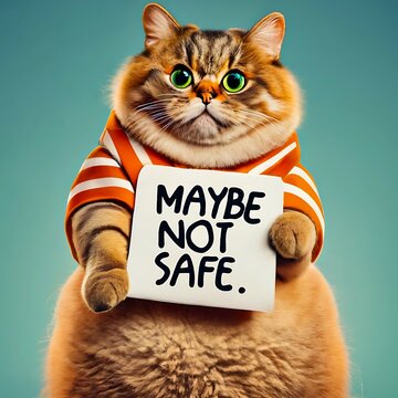 Cute fluffy cat holding a warning sign with maybe not safe message representing pet safety and caution