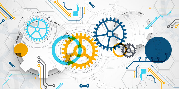 Abstract technology background with colorful gears, circuit board elements, geometric circles, and futuristic mechanism concept. Vector.